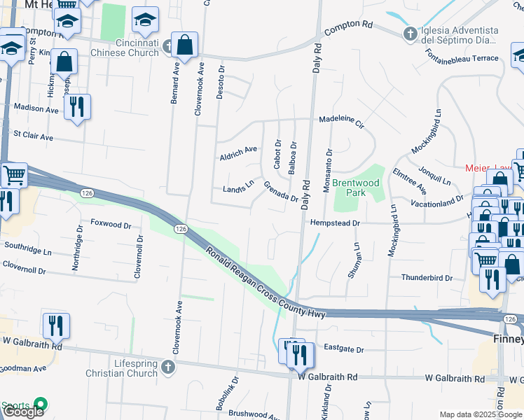 map of restaurants, bars, coffee shops, grocery stores, and more near 8616 Balboa Drive in Cincinnati