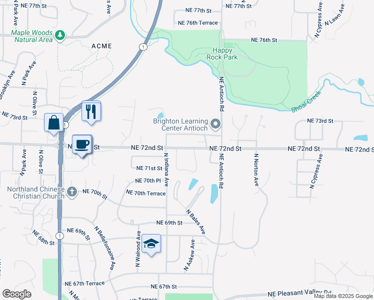 map of restaurants, bars, coffee shops, grocery stores, and more near 3511 Northeast 72nd Street in Gladstone