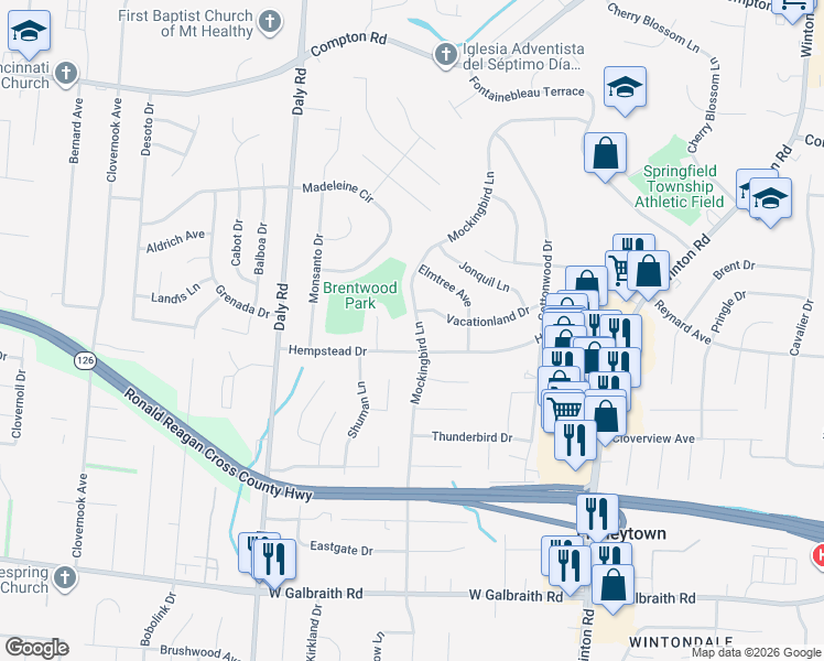 map of restaurants, bars, coffee shops, grocery stores, and more near 8627 Mockingbird Lane in Cincinnati