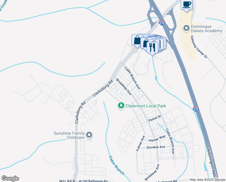 map of restaurants, bars, coffee shops, grocery stores, and more near 14068 Marketcenter Drive in Clarksburg