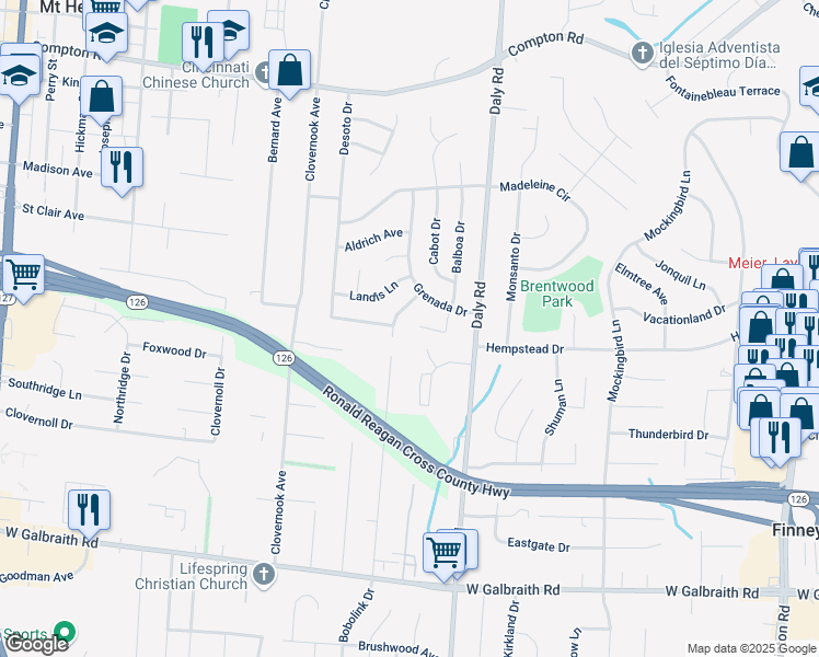 map of restaurants, bars, coffee shops, grocery stores, and more near 8616 Balboa Drive in Cincinnati