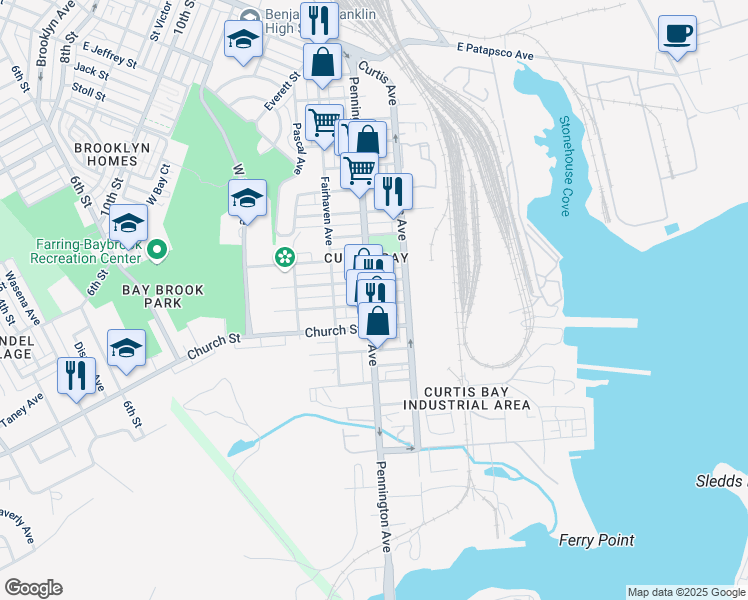 map of restaurants, bars, coffee shops, grocery stores, and more near 4627 Pennington Avenue in Baltimore