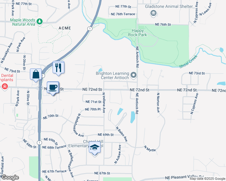 map of restaurants, bars, coffee shops, grocery stores, and more near 3545 Northeast 72nd Street in Gladstone