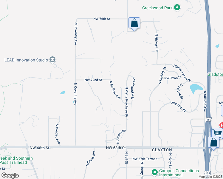 map of restaurants, bars, coffee shops, grocery stores, and more near 7136 North Bedford Avenue in Kansas City