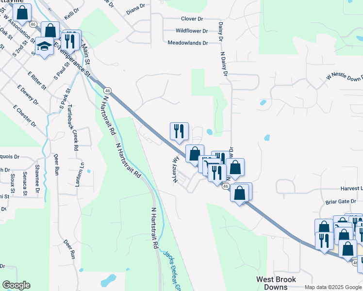 map of restaurants, bars, coffee shops, grocery stores, and more near 5700 Indiana 46 in Bloomington
