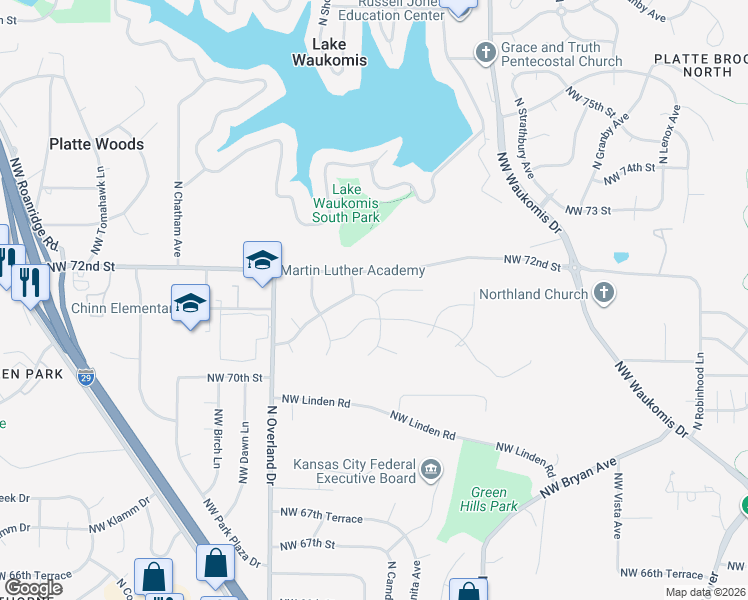map of restaurants, bars, coffee shops, grocery stores, and more near 7024 North Polk Avenue in Kansas City