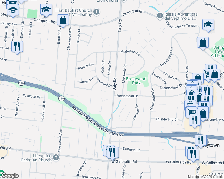 map of restaurants, bars, coffee shops, grocery stores, and more near 8664 Balboa Drive in Cincinnati