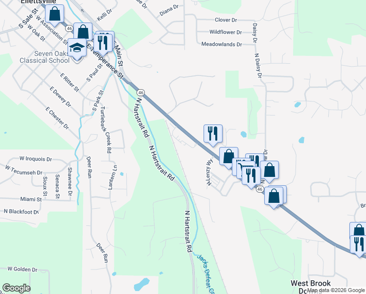 map of restaurants, bars, coffee shops, grocery stores, and more near 5911 State Road 46 in Bloomington