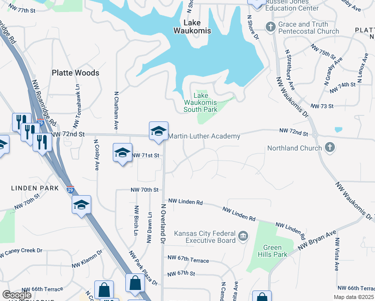 map of restaurants, bars, coffee shops, grocery stores, and more near 4915 Northwest 71st Street in Kansas City