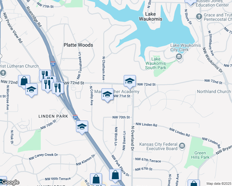 map of restaurants, bars, coffee shops, grocery stores, and more near 5527 Dawn Lane in Kansas City