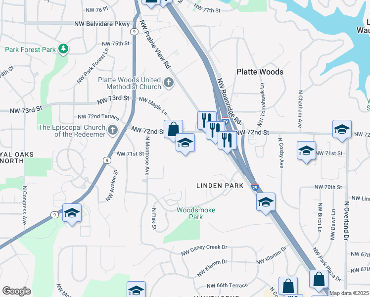 map of restaurants, bars, coffee shops, grocery stores, and more near 6501 Northwest 72nd Street in Kansas City