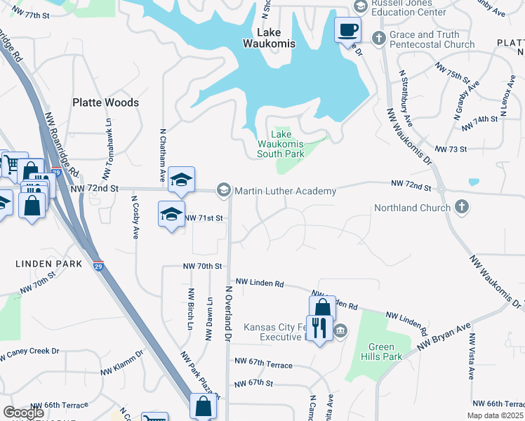 map of restaurants, bars, coffee shops, grocery stores, and more near 4915 Northwest 71st Street in Kansas City