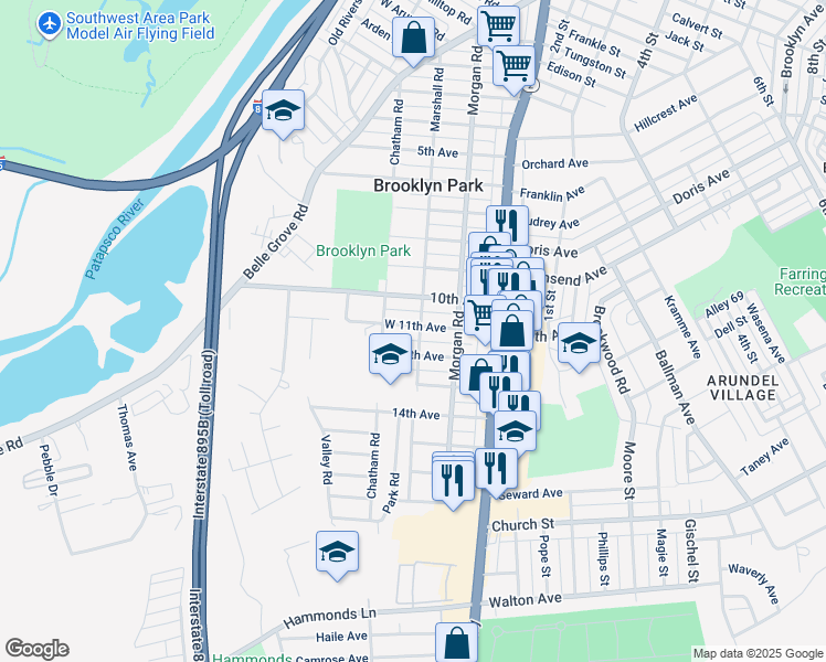 map of restaurants, bars, coffee shops, grocery stores, and more near 201 West 11th Avenue in Baltimore