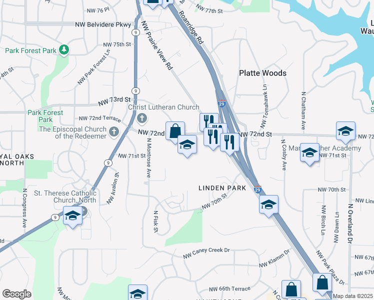 map of restaurants, bars, coffee shops, grocery stores, and more near 6501 Northwest 72nd Street in Kansas City