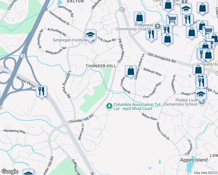 map of restaurants, bars, coffee shops, grocery stores, and more near 5340 Thunder Hill Road in Columbia