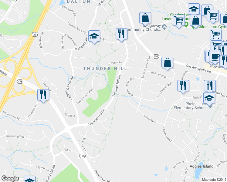 map of restaurants, bars, coffee shops, grocery stores, and more near 5340 Thunder Hill Road in Columbia
