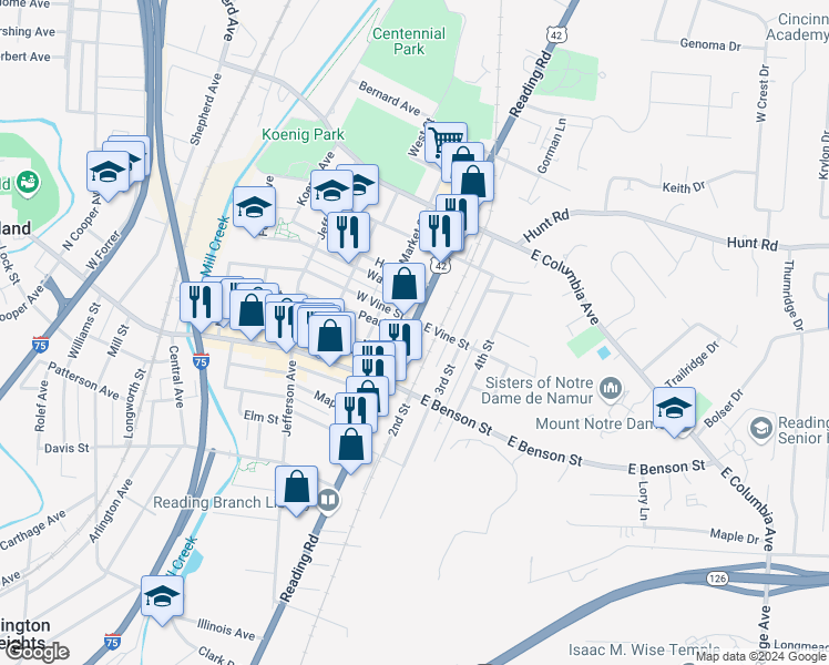 map of restaurants, bars, coffee shops, grocery stores, and more near 1009 2nd Street in Cincinnati