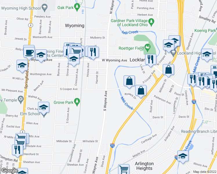 map of restaurants, bars, coffee shops, grocery stores, and more near 523 South Cooper Avenue in Cincinnati