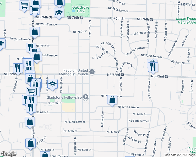 map of restaurants, bars, coffee shops, grocery stores, and more near 7105 North Troost Avenue in Kansas City