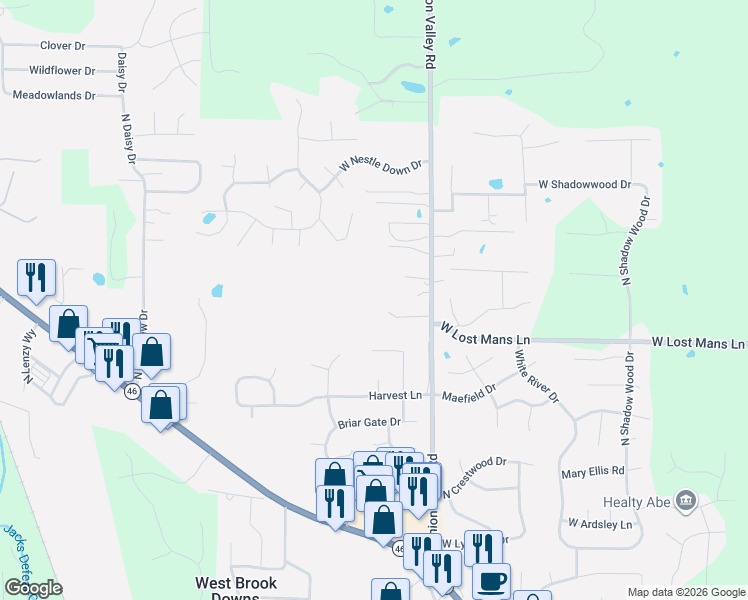 map of restaurants, bars, coffee shops, grocery stores, and more near 5027 North Union Valley Road in Bloomington