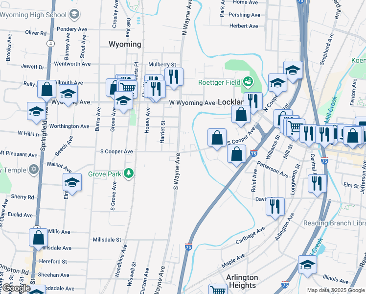 map of restaurants, bars, coffee shops, grocery stores, and more near 238 South Wayne Avenue in Cincinnati