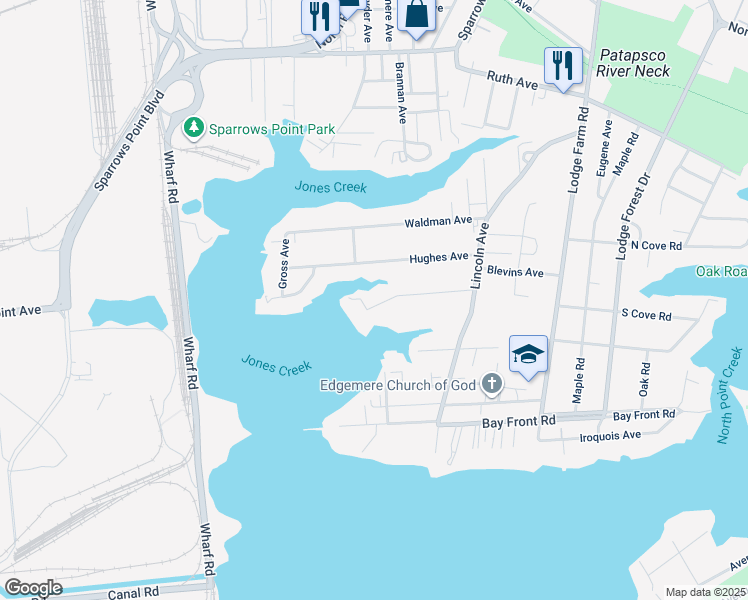 map of restaurants, bars, coffee shops, grocery stores, and more near 7312 Geise Avenue in Sparrows Point