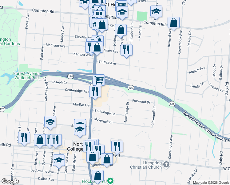 map of restaurants, bars, coffee shops, grocery stores, and more near 1519 Gardenwood Court in Cincinnati