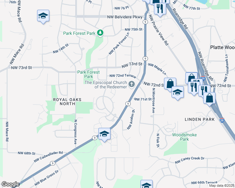 map of restaurants, bars, coffee shops, grocery stores, and more near 7018 Missouri 9 in Parkville