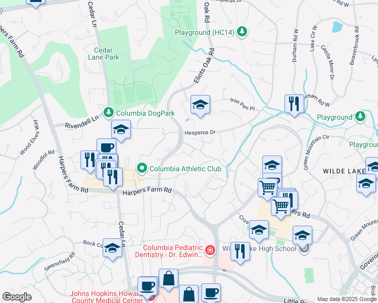 map of restaurants, bars, coffee shops, grocery stores, and more near 5419 Fallriver Row Court in Columbia