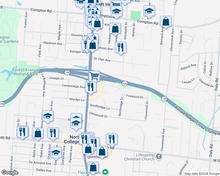 map of restaurants, bars, coffee shops, grocery stores, and more near 1519 Gardenwood Court in Cincinnati