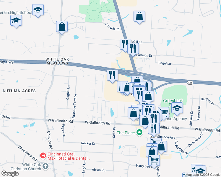 map of restaurants, bars, coffee shops, grocery stores, and more near 8451 Colerain Avenue in Cincinnati