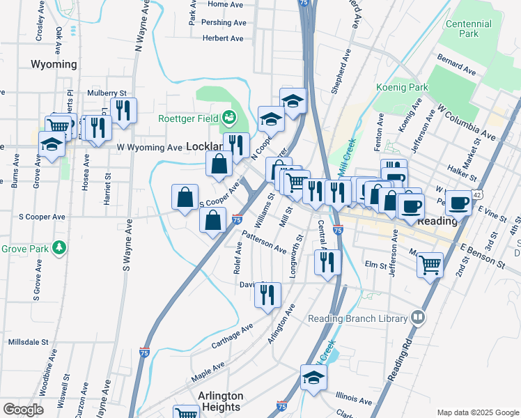 map of restaurants, bars, coffee shops, grocery stores, and more near in Lockland