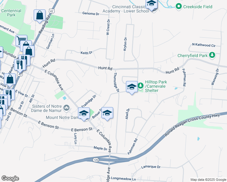 map of restaurants, bars, coffee shops, grocery stores, and more near 1317 Thurnridge Drive in Cincinnati