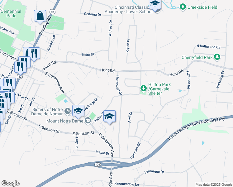 map of restaurants, bars, coffee shops, grocery stores, and more near 1317 Thurnridge Drive in Cincinnati