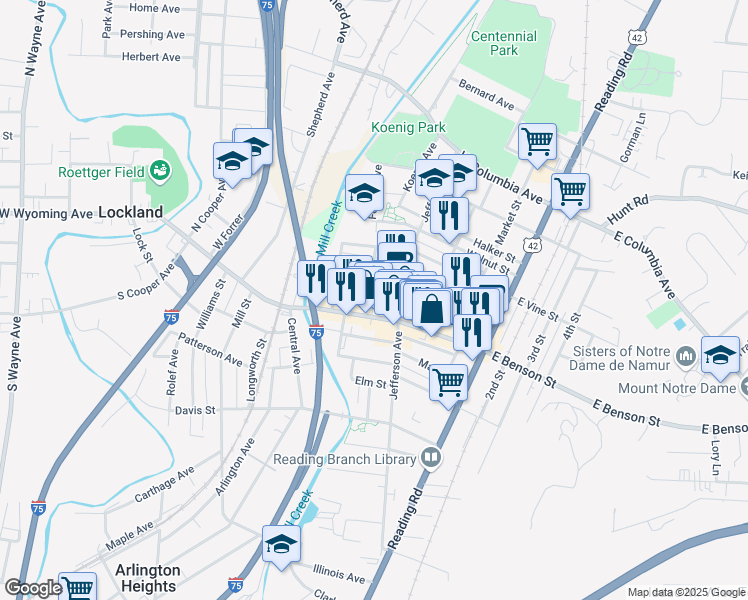 map of restaurants, bars, coffee shops, grocery stores, and more near 319 Pearl Street in Cincinnati