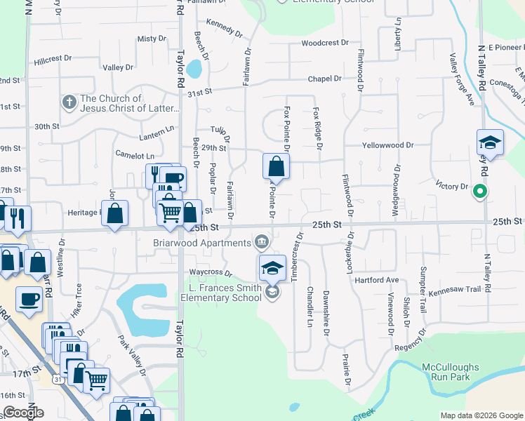 map of restaurants, bars, coffee shops, grocery stores, and more near 2650 Fox Pointe Drive in Columbus