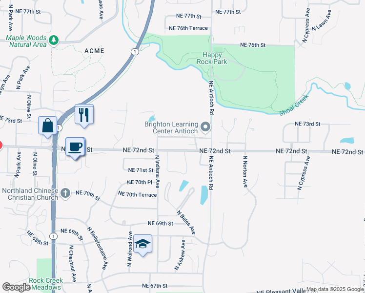 map of restaurants, bars, coffee shops, grocery stores, and more near 3540 Northeast 72nd Terrace in Kansas City