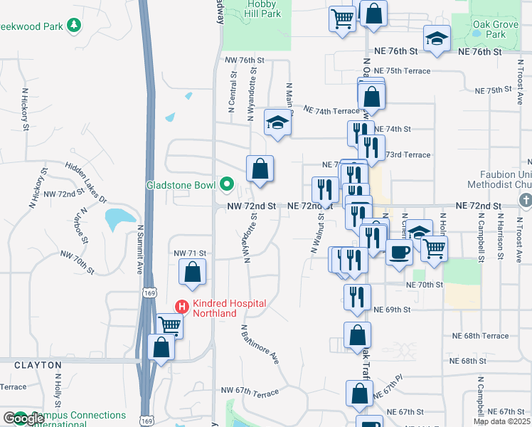 map of restaurants, bars, coffee shops, grocery stores, and more near 100 Northwest 72nd Street in Kansas City