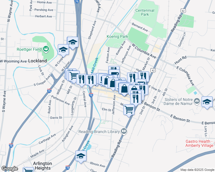 map of restaurants, bars, coffee shops, grocery stores, and more near 319 Pearl Street in Cincinnati