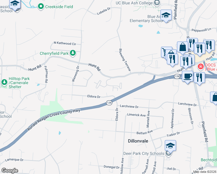 map of restaurants, bars, coffee shops, grocery stores, and more near 3803 Fox Run Drive in Blue Ash
