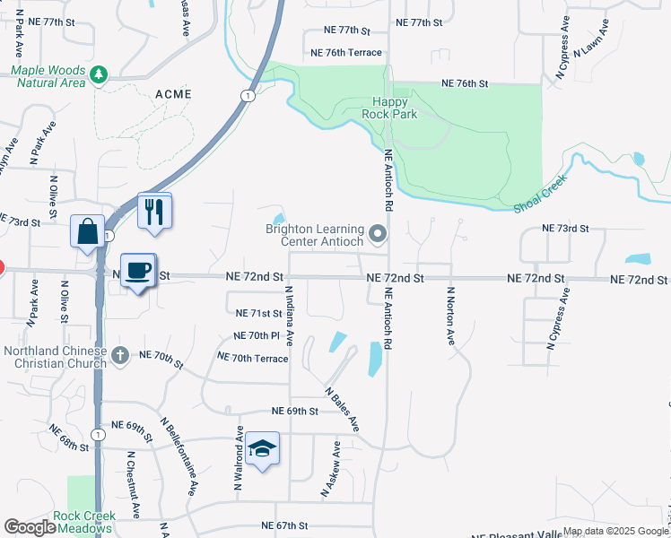 map of restaurants, bars, coffee shops, grocery stores, and more near 3540 Northeast 72nd Terrace in Kansas City