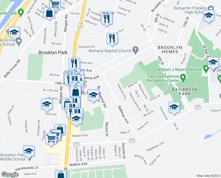 map of restaurants, bars, coffee shops, grocery stores, and more near Ballman Ave & Ballman Ct in Brooklyn Park