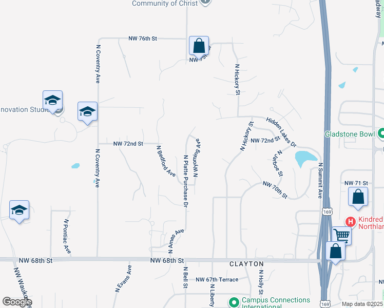 map of restaurants, bars, coffee shops, grocery stores, and more near 7142 North Wyoming Avenue in Kansas City