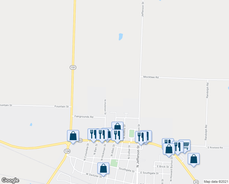map of restaurants, bars, coffee shops, grocery stores, and more near 830 North Hickman Street in Centralia