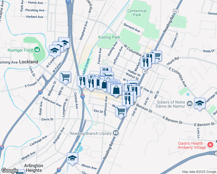 map of restaurants, bars, coffee shops, grocery stores, and more near 219 Pearl Street in Reading