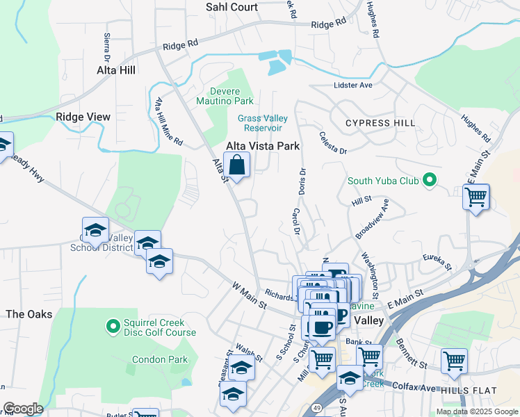 map of restaurants, bars, coffee shops, grocery stores, and more near 105 Alta Vista Drive in Grass Valley