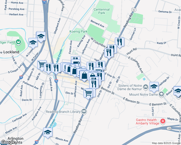 map of restaurants, bars, coffee shops, grocery stores, and more near 126 Pearl Street in Reading