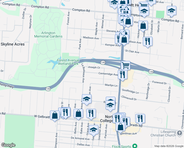 map of restaurants, bars, coffee shops, grocery stores, and more near 1649 Joseph Court in Cincinnati