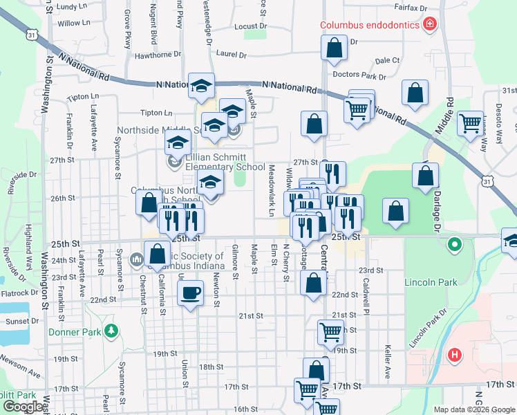 map of restaurants, bars, coffee shops, grocery stores, and more near 2633 Maple Street in Columbus