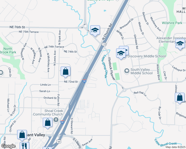 map of restaurants, bars, coffee shops, grocery stores, and more near 7115 Stewart Road in Liberty
